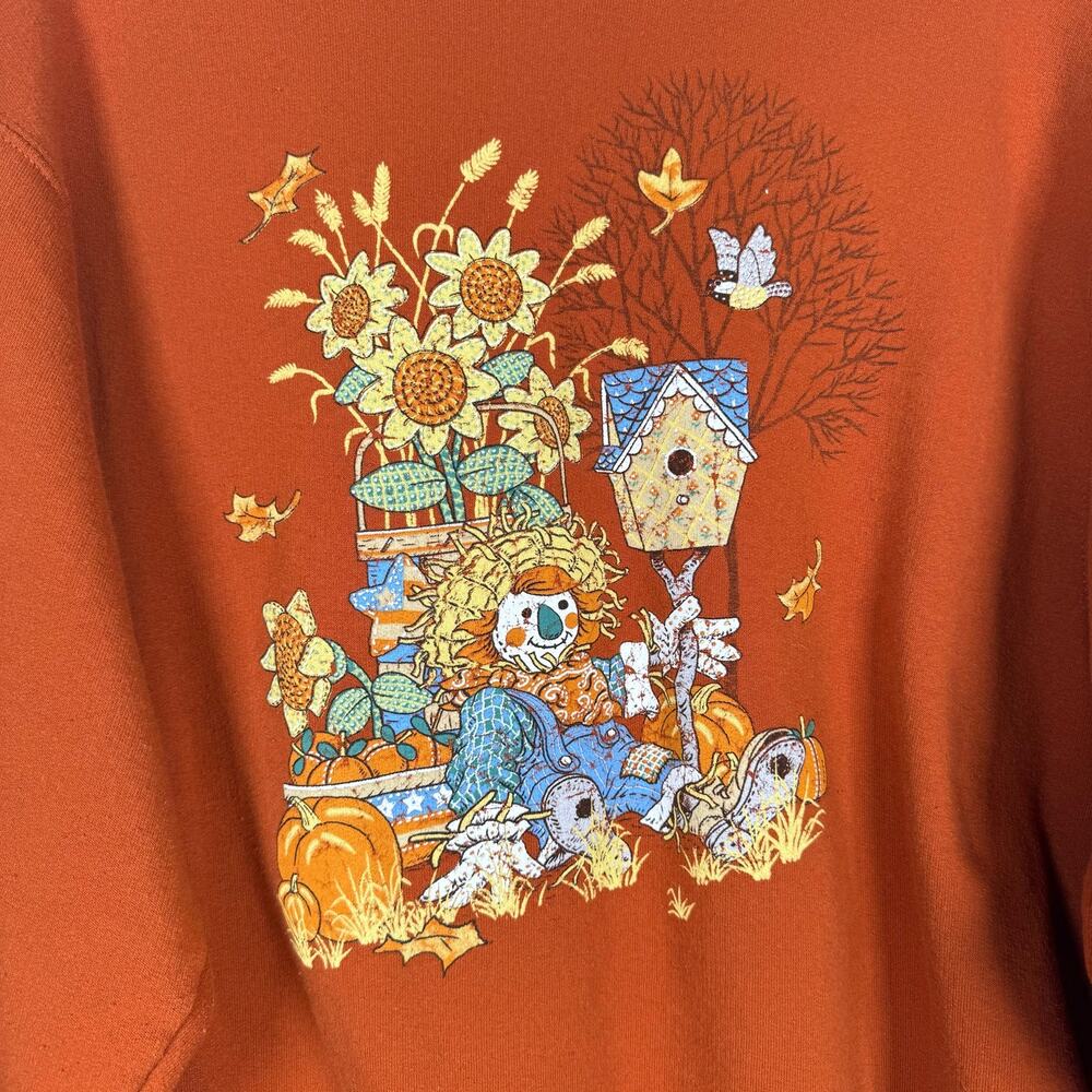 Vintage 90s Jerzees Orange Sweatshirt Scarecrow Fall Scene Women's Size M - Picture 4 of 5